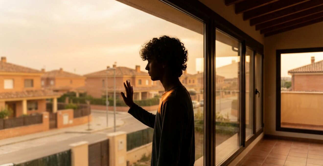 Adolescente mirando por la ventana hacia una urbanización vacía al atardecer