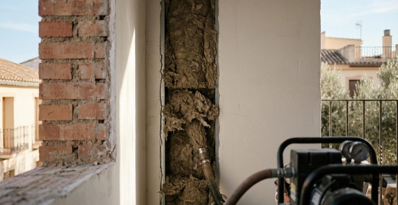 Vista detallada de aislamiento térmico profesional siendo instalado en cámara de aire de fachada española