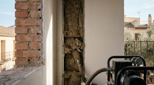 Vista detallada de aislamiento térmico profesional siendo instalado en cámara de aire de fachada española