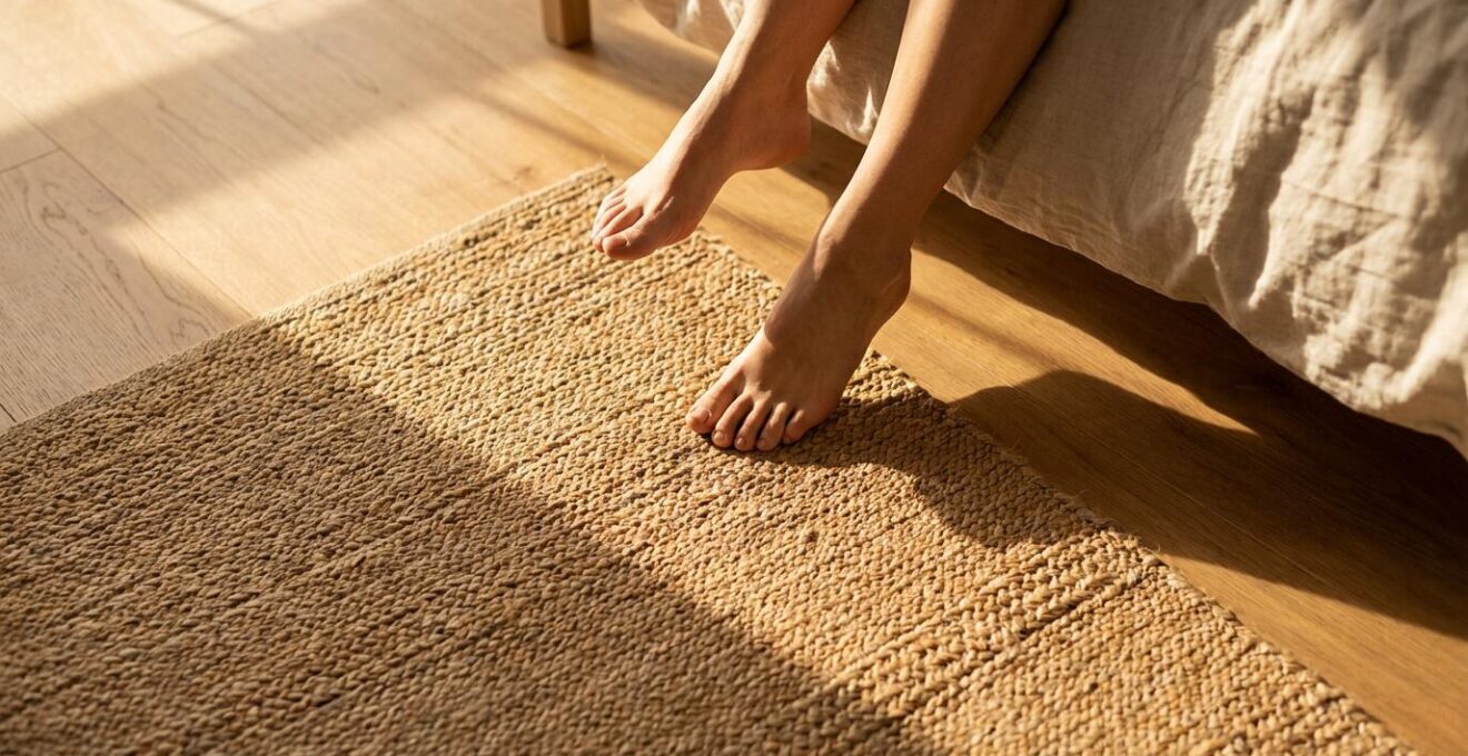 Vista cenital de alfombra de yute natural junto a cama con pies descalzos tocando la textura rugosa