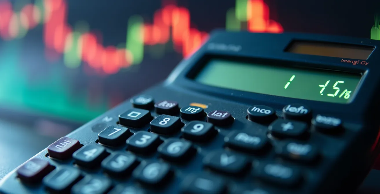 Vista macro de una calculadora financiera mostrando porcentajes sobre papeles de inversión, simbolizando el análisis de una propiedad.