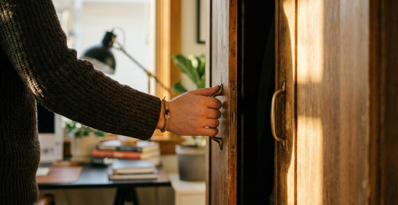 Armario convertido en despacho con puertas cerradas simbolizando la desconexión laboral