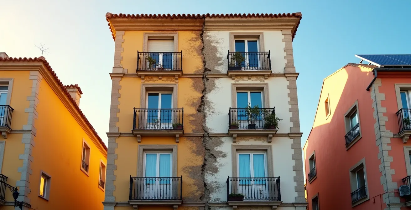 Vista simétrica de un edificio residencial español con elementos de eficiencia energética visibles