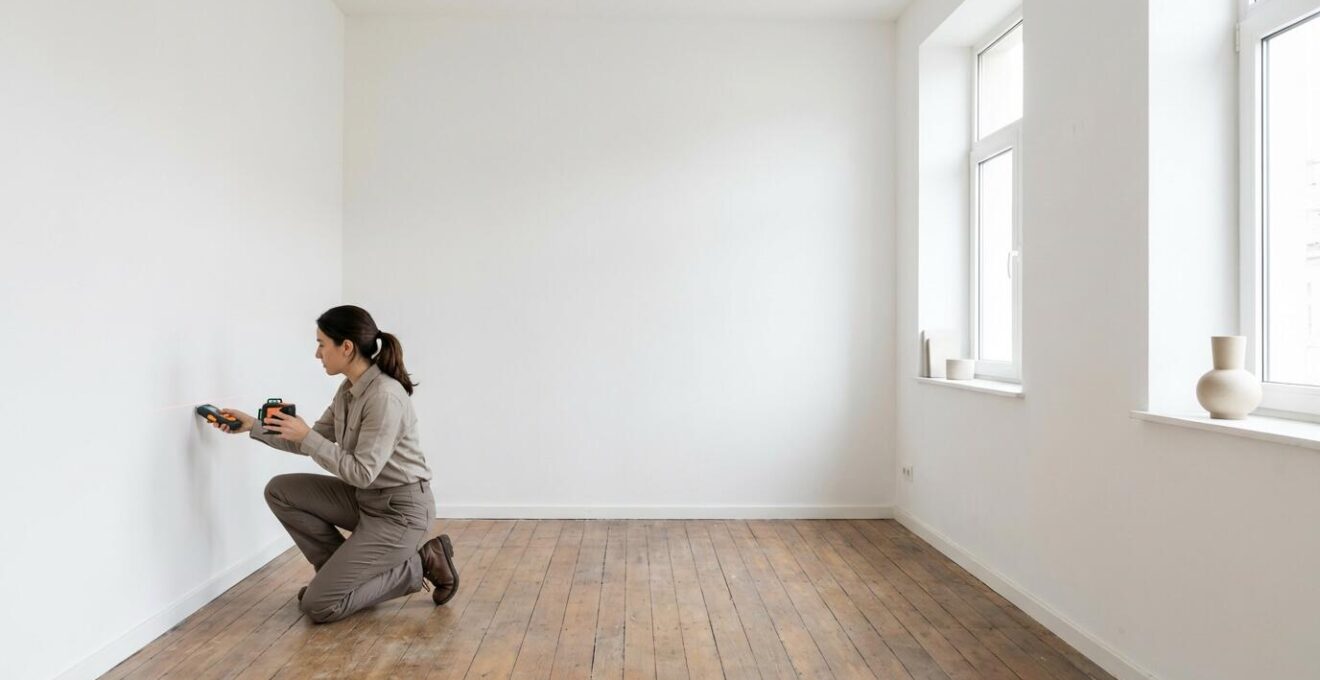 Arquitecto técnico con herramientas profesionales inspeccionando el interior de una vivienda antes de la compra para detectar vicios ocultos.