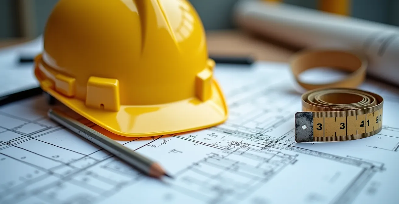 Arquitecto técnico revisando planos de reforma con casco de seguridad sobre mesa de obra