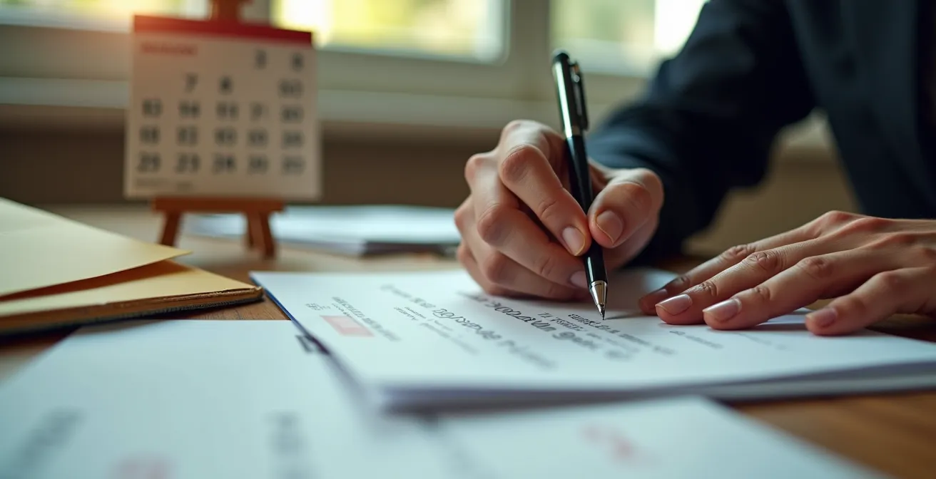 Manos firmando documentos urgentes con calendario marcado y sobre certificado de Correos en la mesa