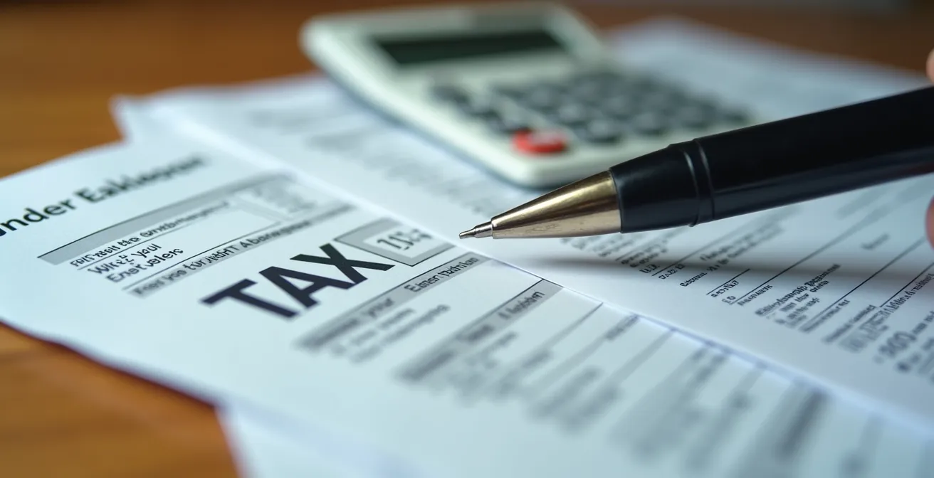 Calculadora y documentos fiscales sobre mesa para declaración de renta de alquiler