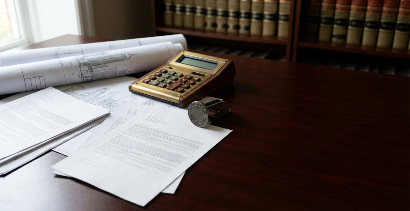 Calculadora fiscal, documentos legales y sello notarial sobre mesa de madera, mostrando el proceso de cálculo de plusvalía municipal