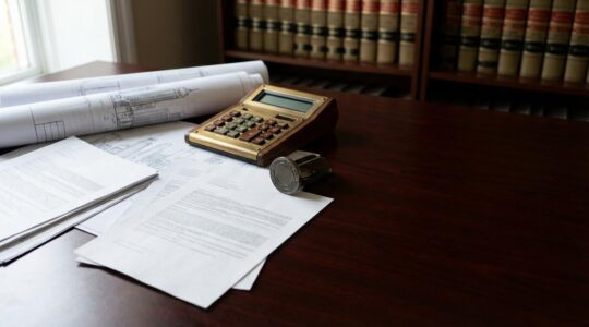 Calculadora fiscal, documentos legales y sello notarial sobre mesa de madera, mostrando el proceso de cálculo de plusvalía municipal