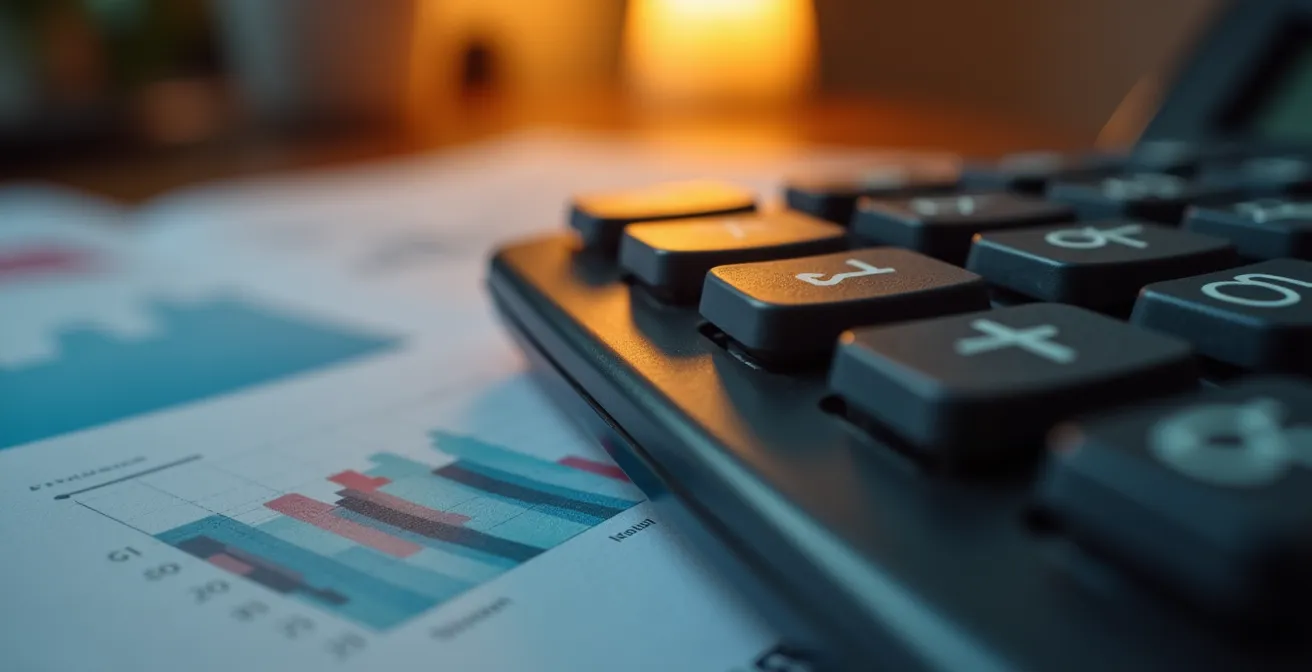 Vista macro de calculadora y documentos fiscales sobre mesa de trabajo