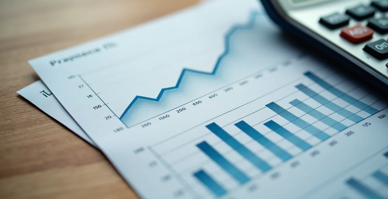 Mesa de trabajo con calculadora, gráficos de rentabilidad y documentos fiscales organizados