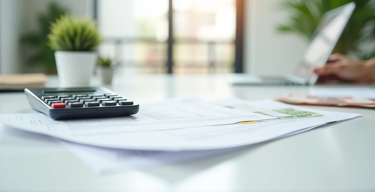 Mesa de despacho con documentos fiscales del IRPF, una calculadora y un gráfico de deducciones por alquiler.