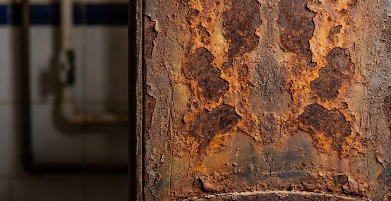 Vista detallada de caldera doméstica antigua con signos visibles de desgaste y óxido, indicando que no es un vicio oculto.