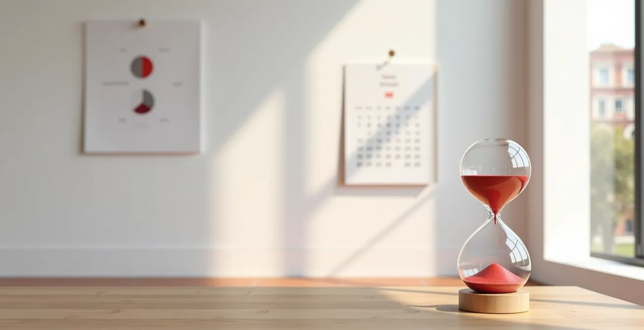 Un calendario con fechas marcadas junto a un reloj de arena, simbolizando la importancia de cumplir con los plazos fiscales de la plusvalía.