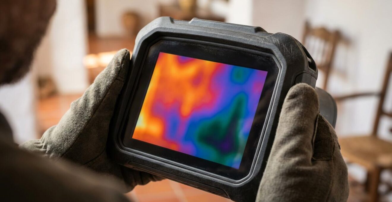 Análisis termográfico profesional revelando puentes térmicos en pared de vivienda española