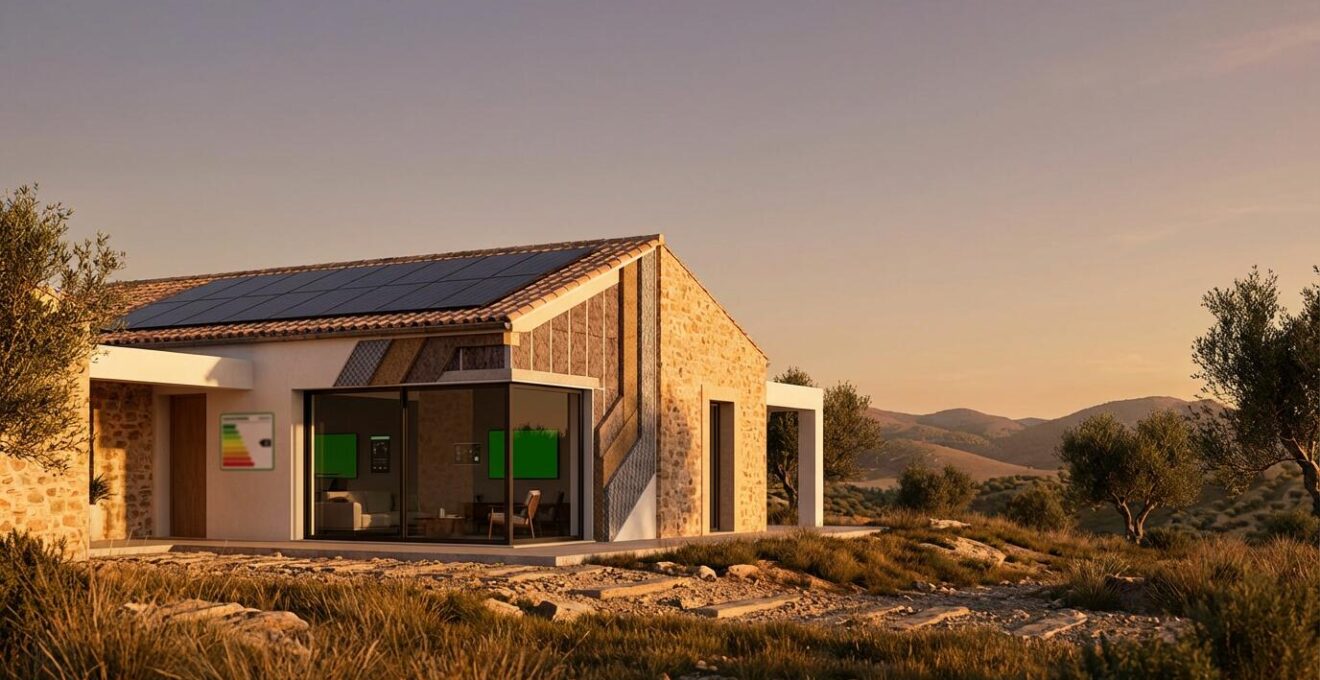 Vista exterior de una casa moderna con paneles solares y jardín sostenible en España