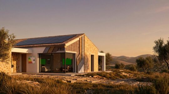 Vista exterior de una casa moderna con paneles solares y jardín sostenible en España