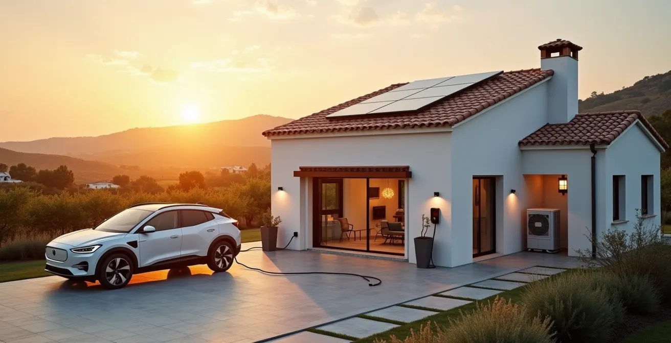 Casa española moderna con aerotermia, paneles solares y coche eléctrico cargando