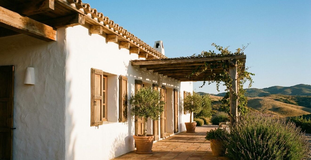 Casa mediterránea tradicional con muros blancos gruesos y pérgola de madera en un día soleado de verano
