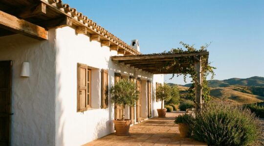 Casa mediterránea tradicional con muros blancos gruesos y pérgola de madera en un día soleado de verano