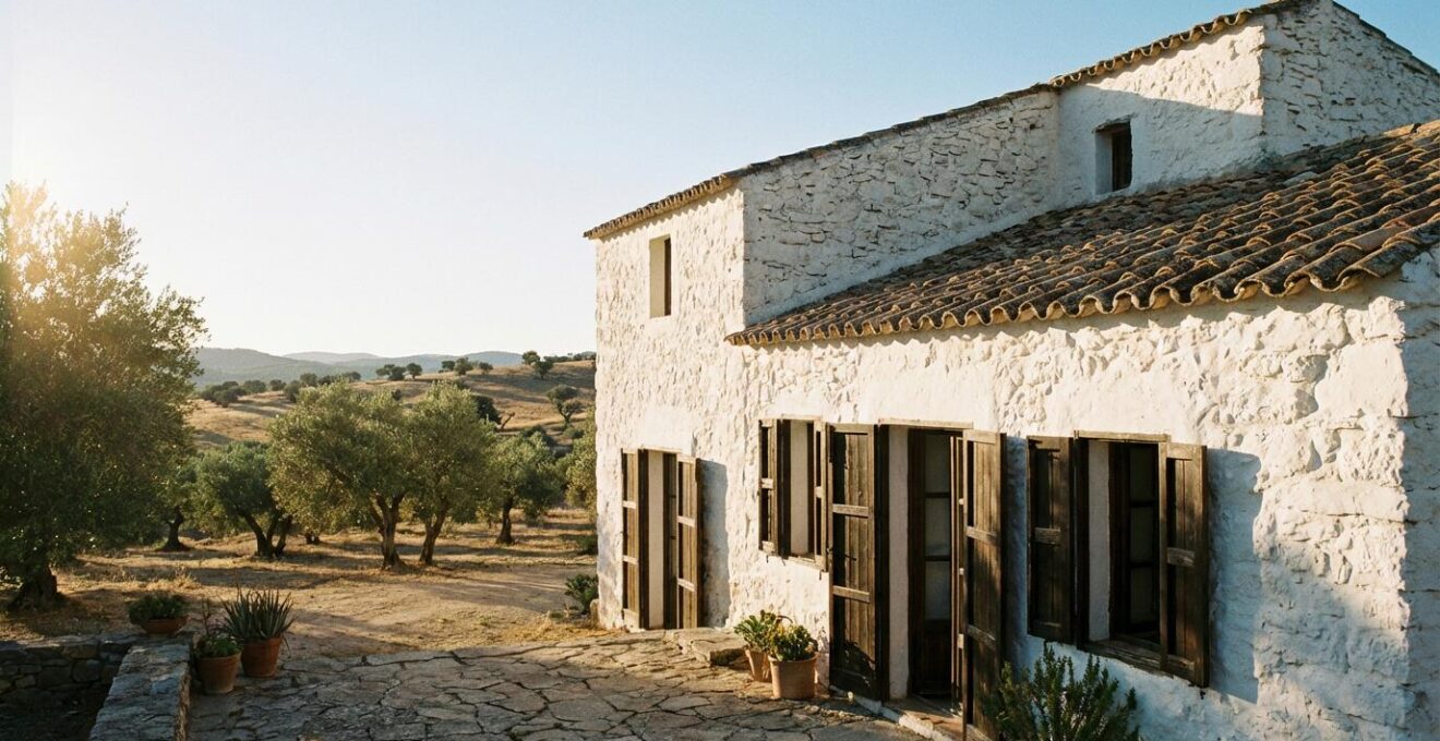Casa tradicional española con ventanas estratégicamente ubicadas mostrando flujo de aire natural y elementos bioclimáticos