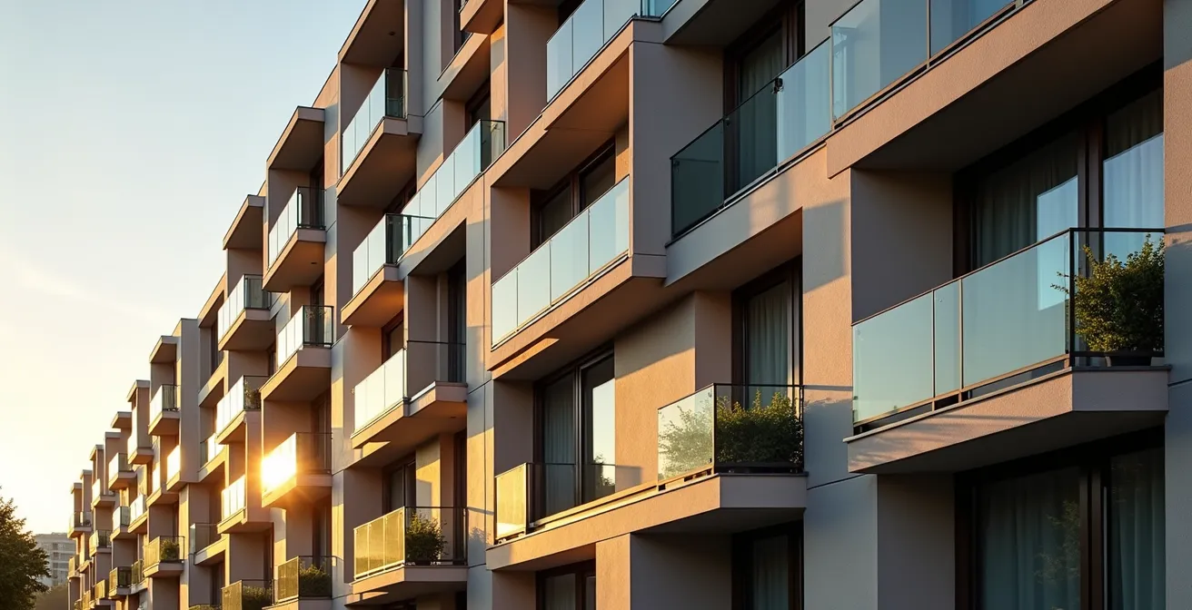 Vista exterior de edificio residencial mostrando diferentes tipos de cerramientos de terrazas