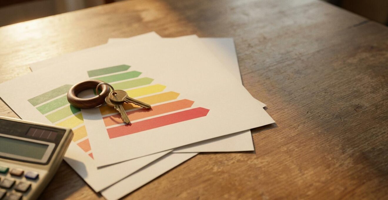 Vista en ángulo de documentos de certificación energética junto a llaves de casa sobre mesa de madera