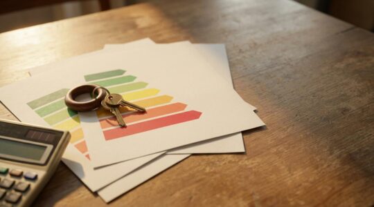 Vista en ángulo de documentos de certificación energética junto a llaves de casa sobre mesa de madera