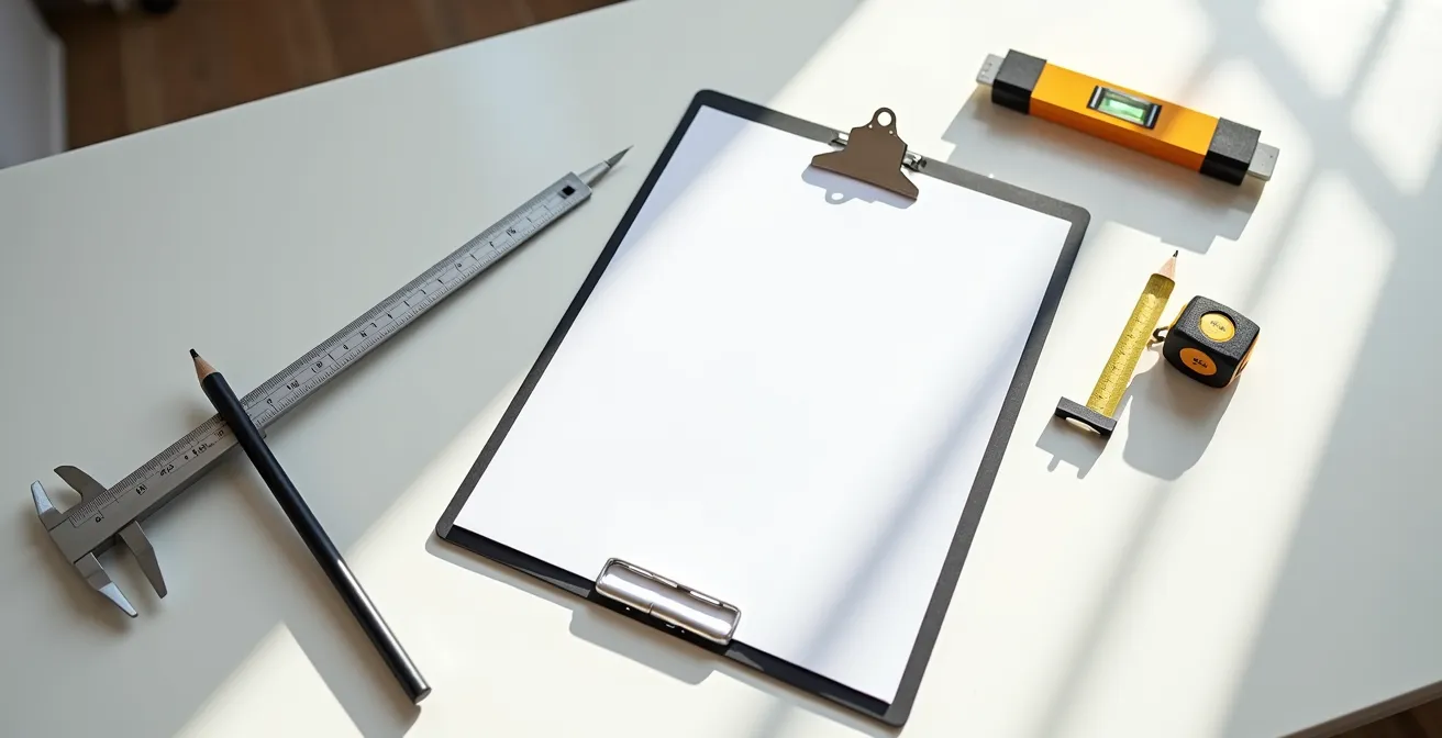 Vista minimalista de documentos de inspección final organizados sobre mesa de trabajo con herramientas de medición