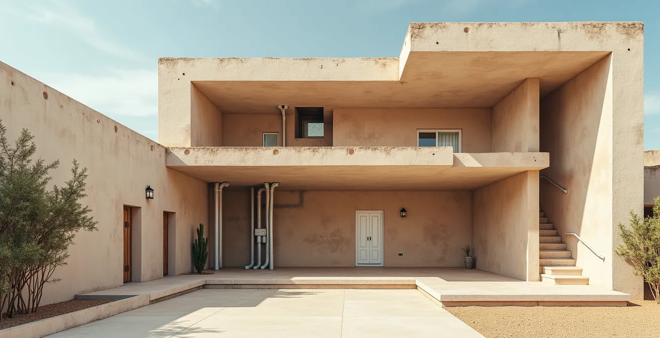 Vista en sección transversal de una vivienda mostrando diferentes tipos de defectos en distintos niveles estructurales