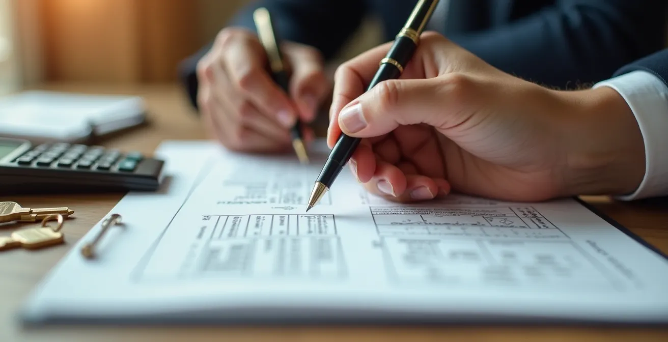 Manos firmando un contrato de compraventa con llaves y una calculadora sobre la mesa, simbolizando la seguridad financiera.