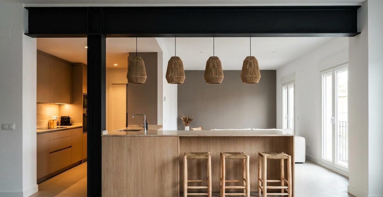 Cocina abierta al salón con viga estructural vista estilo industrial-japandi