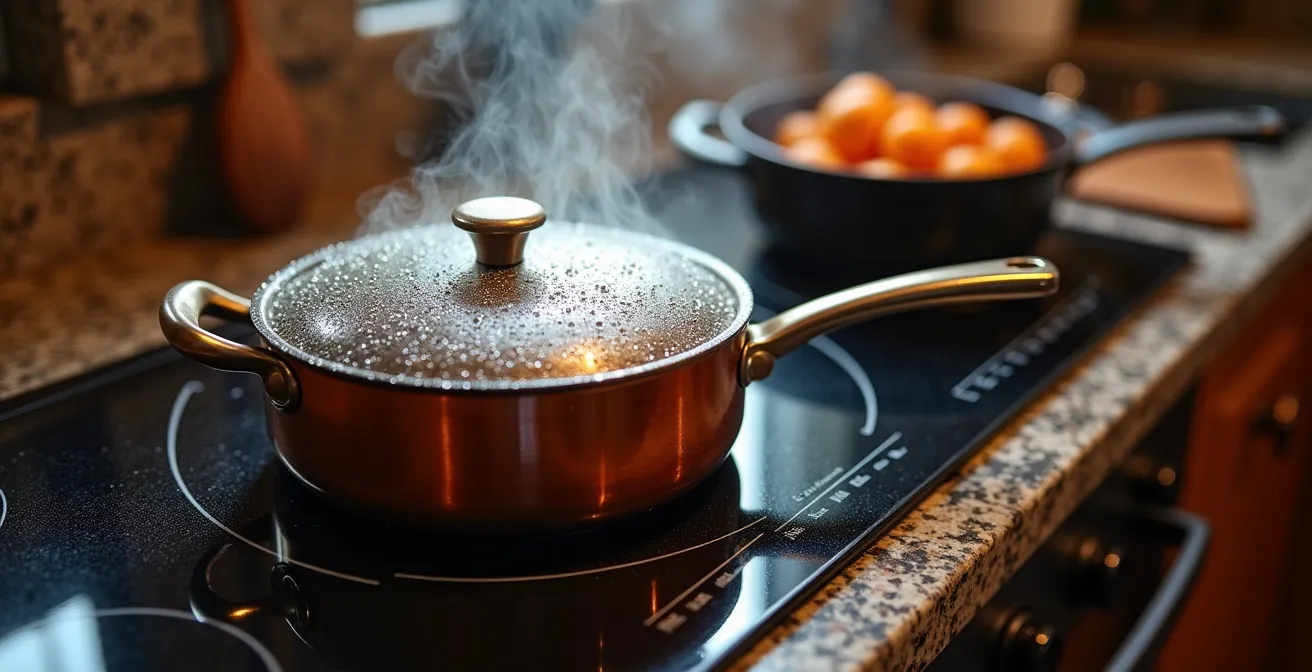 Vista cenital de una cocina con vitrocerámica mostrando ollas con tapa aprovechando el calor residual