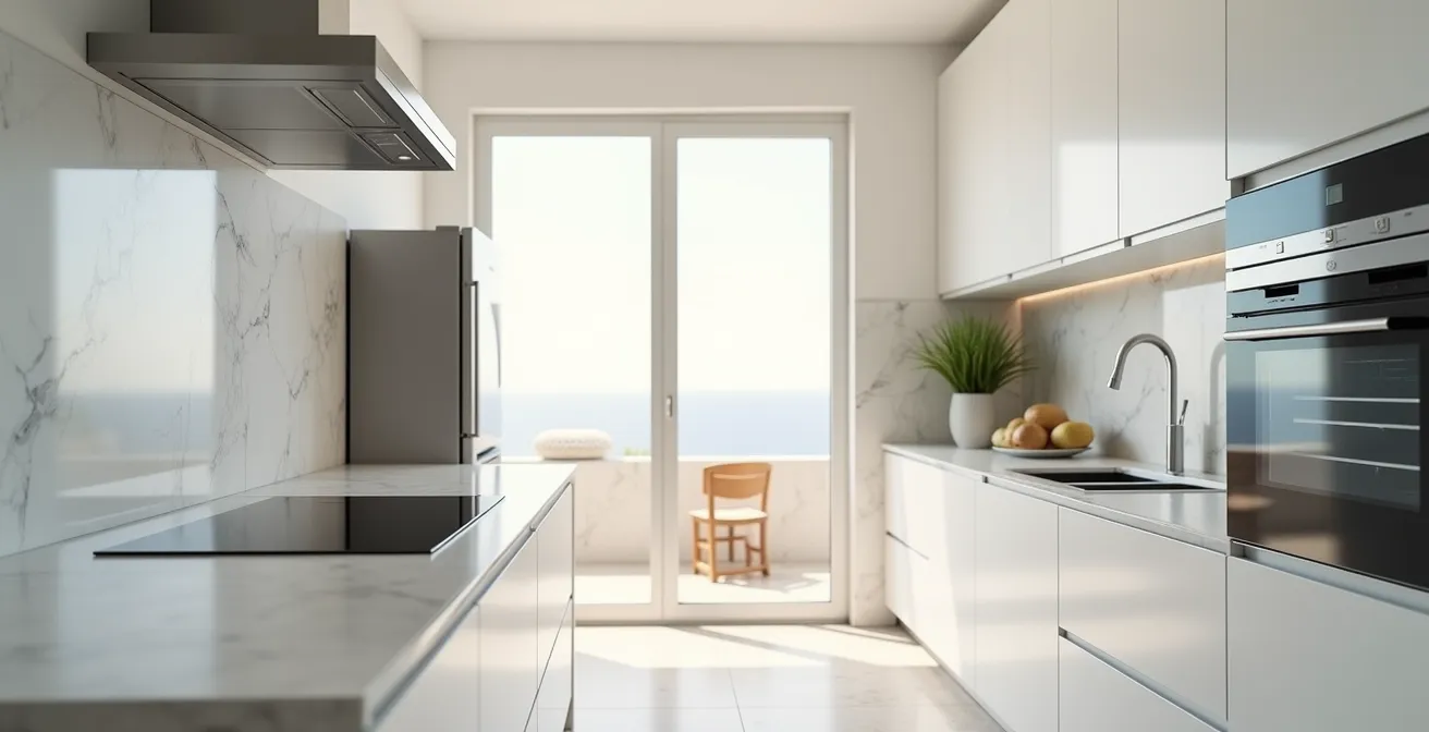 Cocina moderna española con electrodomésticos eficientes y vista parcial del frigorífico