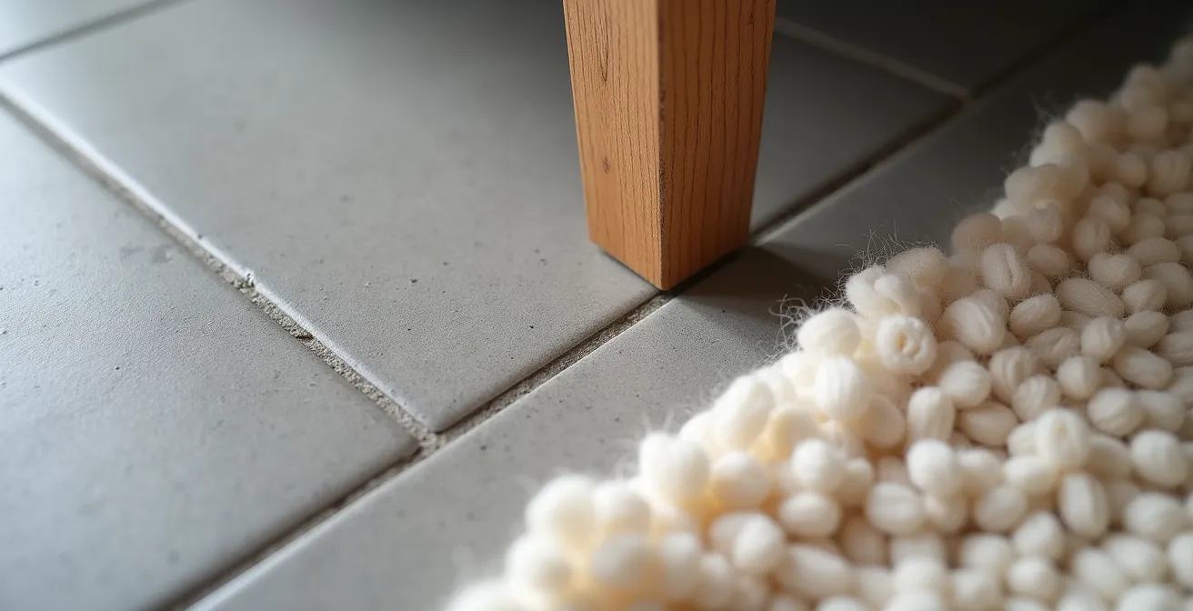 Detalle de suelo de microcemento gris con mesa baja de madera clara que ilustra la combinación de texturas en el estilo Japandi.