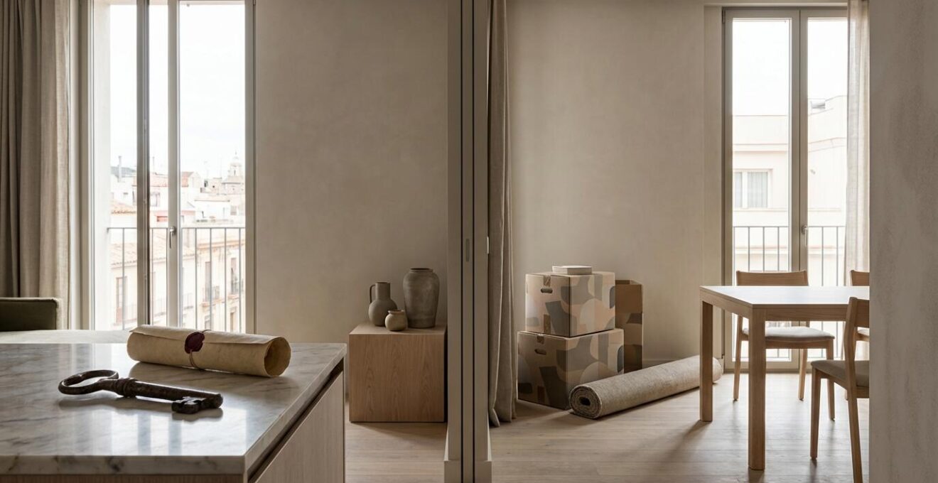 Comparación visual entre comprar y alquilar vivienda mediante balanza