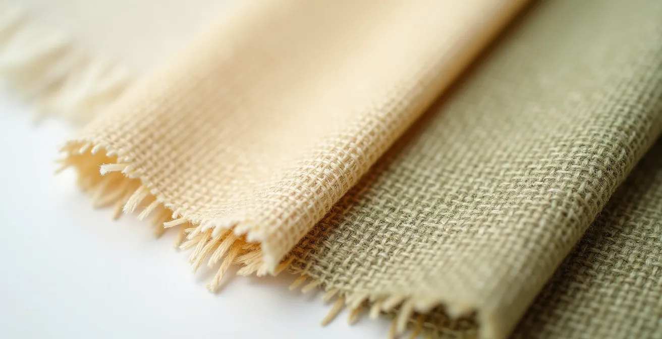 Comparación macro de fibras de lino, algodón y cáñamo mostrando sus texturas naturales