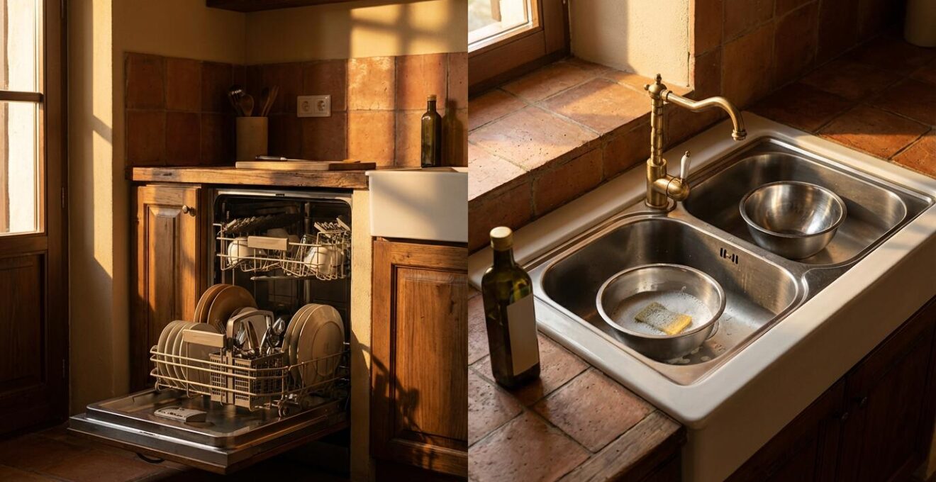 Cocina española moderna mostrando lavavajillas abierto y fregadero con dos barreños para método de ahorro de agua