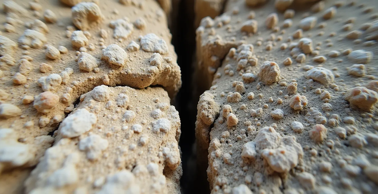 Sección transversal de muro de piedra mostrando diferencia entre mortero de cal transpirable y cemento impermeable
