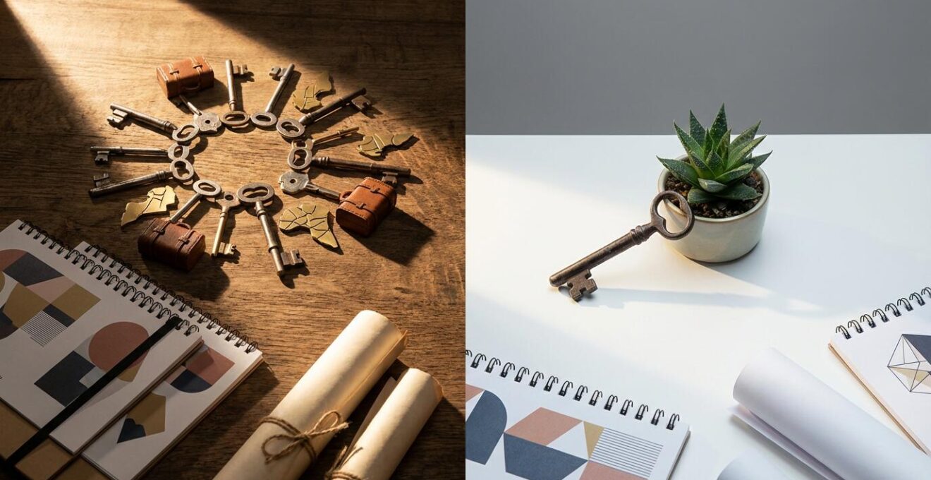 Comparación visual entre gestión de alquiler temporal y larga estancia con elementos simbólicos