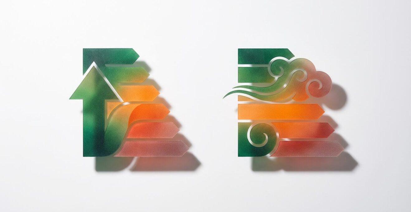 Dos etiquetas energéticas lado a lado mostrando diferentes calificaciones con colores del verde al rojo