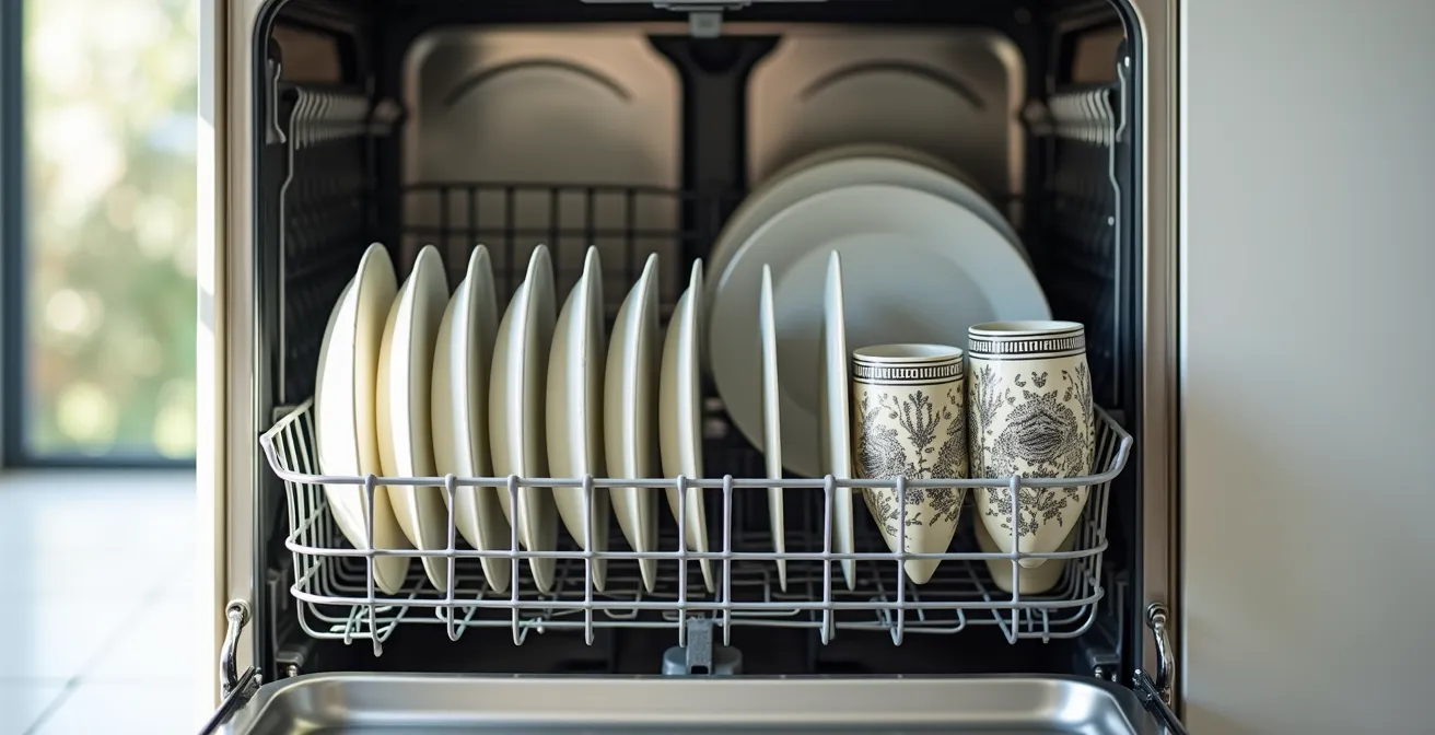 Interior de lavavajillas lleno mostrando distribución óptima de platos y cubiertos