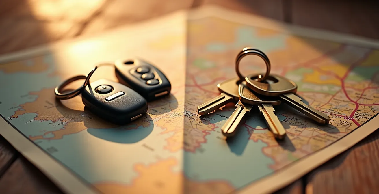 Dos juegos de llaves, uno moderno y otro tradicional, simbolizando la elección entre alquiler turístico y de larga estancia.