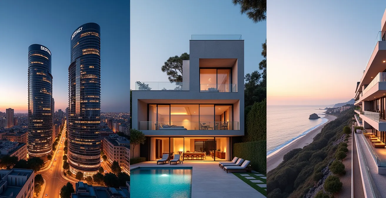 Collage visual mostrando skylines distintivos de Madrid, Barcelona y Costa del Sol al atardecer