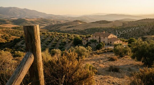 Vista panorámica de finca rústica española con casa tradicional de piedra y documentos legales