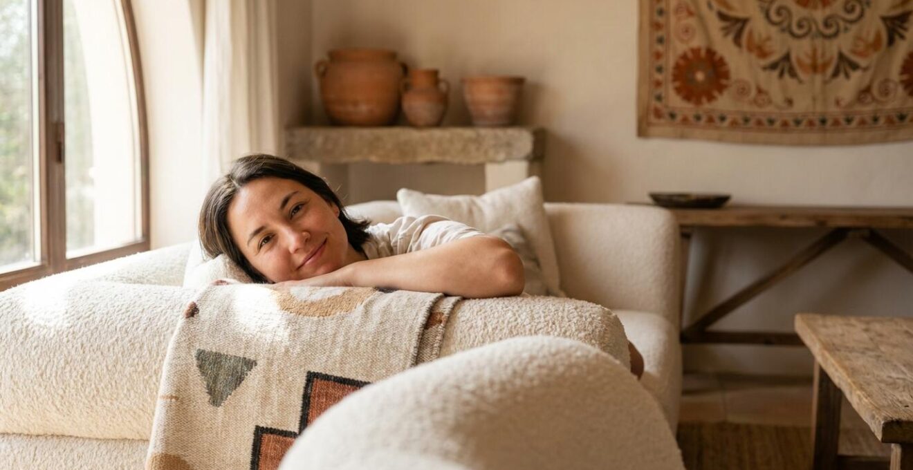 Persona relajada en salón con suelo refrescante sin corrientes de aire