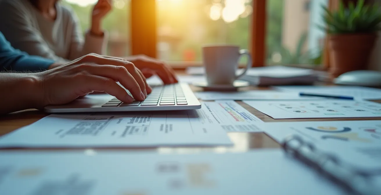 Manos sobre teclado consultando base de datos con papeles y café en mesa oficina