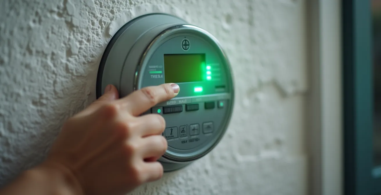 Primer plano de manos consultando datos en contador inteligente con luz LED indicadora