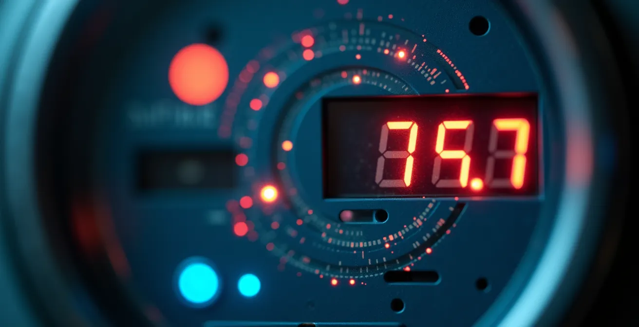 Detalle macro de pantalla LCD de contador inteligente mostrando datos de consumo en tiempo real