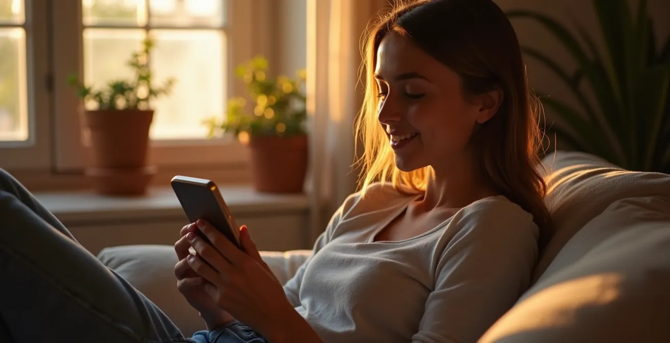 Mano sosteniendo smartphone en sofá con aplicación de control climático difuminada